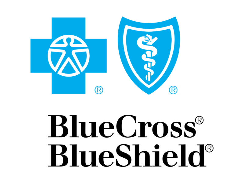 Prather-New Patient Center 1 Two light blue icons, a cross with a white outline of a person inside it, and a shield with a white staff with a snake wrapped around it inside the shield. Below the two icons, black text reads 'Blue Cross Blue Shield'.