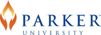 Prather-About Dr. Prather 3 Logo of orange flames next to blue text reading 'Parker University'.